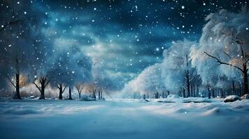 Winter landscape beautiful nature with snowy in dark night at forest pine tree with stars light on blue sky and cloud,Generative ai photo