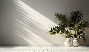 White studio background shadows leaves on wall for product presentation.Empty Display room with palm leaves,Generative ai photo