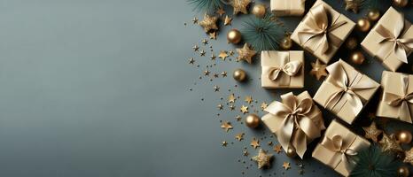 Navidad bandera. antecedentes Navidad diseño de guirnalda con regalos caja, estrella y Brillantina oro papel picado. horizontal Navidad póster, saludo tarjetas, encabezados, sitio web,generativo ai foto