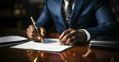 un empresario con un traje firma su firma en documento, mano participación bolígrafo escritura abajo o relleno fuera en blanco formar papel en negocio oficina. generativo ai foto