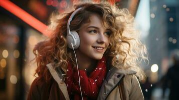 al aire libre retrato de joven hermosa contento sonriente niña vistiendo auriculares con elegante invierno paño en pie en calle ciudad con nevada y borroso bokeh festivo guirnalda,generativa ai foto