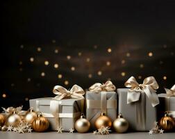 Christmas background with gift box on marble floor with blurry light on dark brown wall,Concept for New year or Winter holiday sale promotion banner,Generative Ai photo