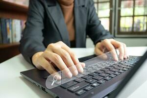 SEO Search Engine Optimization, Searching for information on Internet with PC, using website search bar to find the desired data, global data connection, shopping online, database storage system. photo