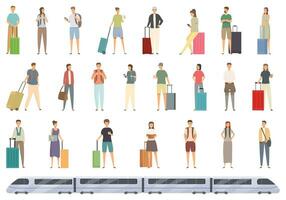 Traveling by train icons set cartoon vector. Station driver vector