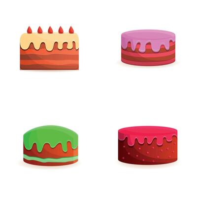 Birthday cake icons set cartoon vector. Delicious dessert