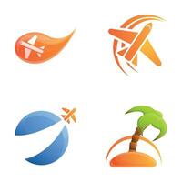Plane travel icons set cartoon vector. Flying plane and tropical island vector