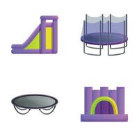 inflable patio de recreo íconos conjunto dibujos animados vector. inflable diapositiva y trampolín vector