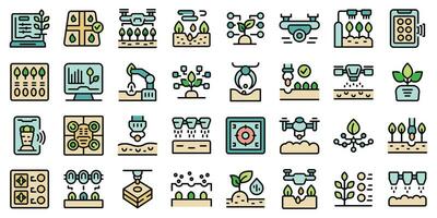 Automated plant seeding icons set vector color line