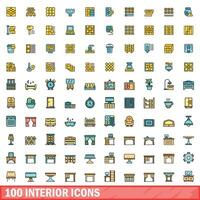 100 interior icons set, color line style vector