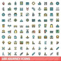 100 journey icons set, color line style vector