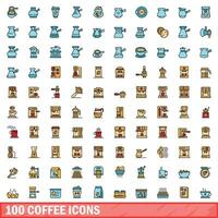 100 coffee icons set, color line style vector