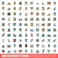 100 journey icons set, color line style vector