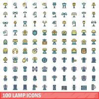 100 lamp icons set, color line style vector