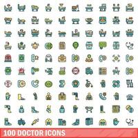 100 doctor icons set, color line style vector