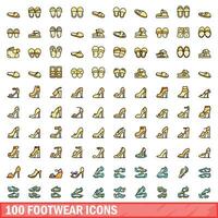 100 footwear icons set, color line style vector