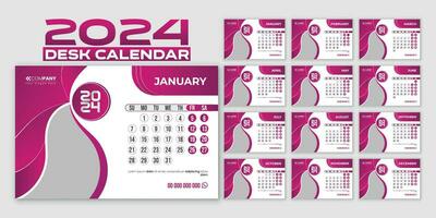 2024 desk calendar with 12 pages, abstract gradient shapes, and an image placeholder. vector