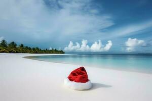 Santa beach hat on sand. Generate Ai photo
