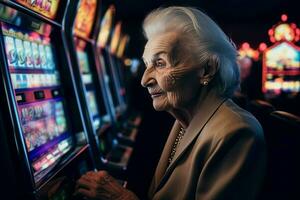 Elderly woman casino gambler. Generate Ai photo