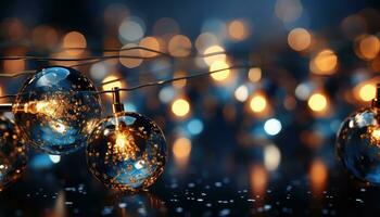 sparkling Christmas garland lights against a deep blue backdrop AI generated photo