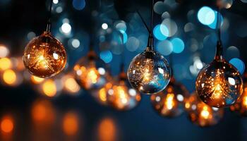 sparkling Christmas garland lights against a deep blue backdrop AI generated photo