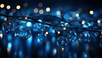 sparkling Christmas garland lights against a deep blue backdrop AI generated photo