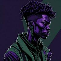 negro rapero ilustración con duotono estilo, púrpura y verde color, ai generativo foto
