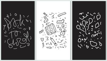 Fun black and white line back-to-school doodle seamless pattern set. Creative abstract style drawing background vector