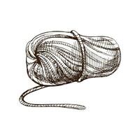 Hand drawn sketch of ball of threads. Handmade, knitting equipment concept in vintage doodle style. Engraving style. vector