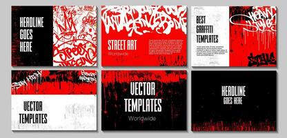 Graffiti poster or flyer design templates with colorful tags, grunge, scribblers and throw up. Hand-drawn abstract graffiti vector designs.