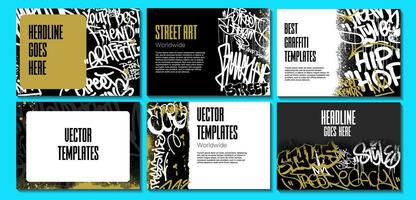 Graffiti poster or flyer design templates with colorful tags, grunge, scribblers and throw up. Hand-drawn abstract graffiti vector designs.