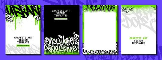 Graffiti poster or flyer design templates with colorful tags, grunge, scribblers and throw up. Hand-drawn abstract graffiti vector designs.