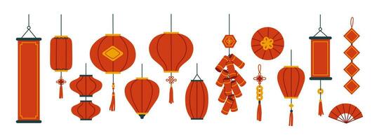 Traditional Asian lanterns and Chinese new year elements. Vector flat illustration.