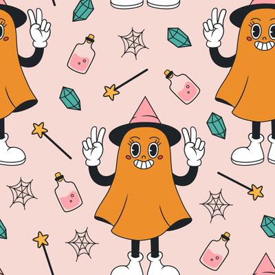 Groovy halloween seamless pattern with ghost. Vector flat illustration.