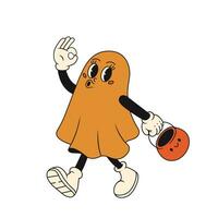 Cute groovy ghost with funny face. Vector illustration in retro style.