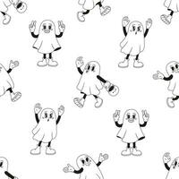 Halloween seamless pattern with retro cartoon ghosts. Groovy funky vector illustration in retro style.