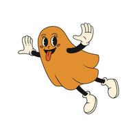 Cute groovy ghost with funny face. Vector illustration in retro style.