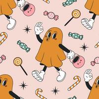 Groovy halloween seamless pattern with funny ghost and candy. Vector flat illustration.