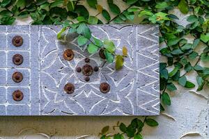 Old weathered wood board background and vines. photo