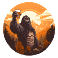 a bigfoot holding a beer in front of a mountain, AI Generative png
