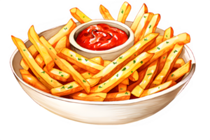 aguarela francês fritas dentro uma tigela com ketchup em topo, ai generativo png