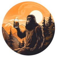 a bigfoot holding a beer in front of a mountain, AI Generative png