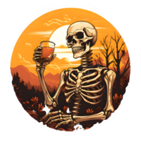 skeleton drinking beer on a hillside with a sunset background, AI Generative png