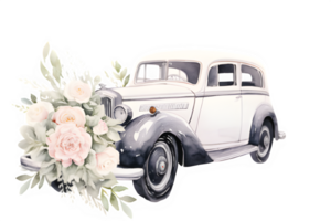 un antiguo coche con flores en él, acuarela ilustración generativo png