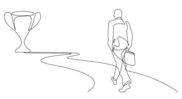 business man walking on the road to success trophy award in continuous line drawing vector