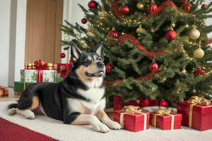 perro cerca Navidad árbol y regalo a celebrar Navidad. ai generativo Pro foto