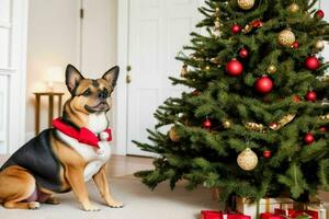 Dog near Christmas tree and gift to celebrate christmas. AI Generative Pro Photo