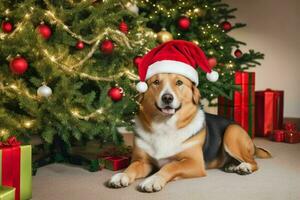 Dog near Christmas tree and gift to celebrate christmas. AI Generative Pro Photo