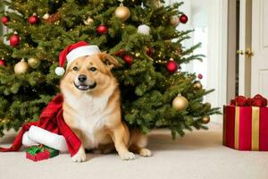 Dog near Christmas tree and gift to celebrate christmas. AI Generative Pro Photo