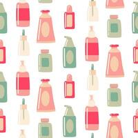 Seamless pattern with of Beauty elements, bottle, containers, jars. cream, lotion, toothpaste, soap, conditioner background vector