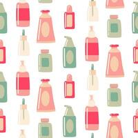 Seamless pattern with of Beauty elements, bottle, containers, jars. cream, lotion, toothpaste, soap, conditioner background vector